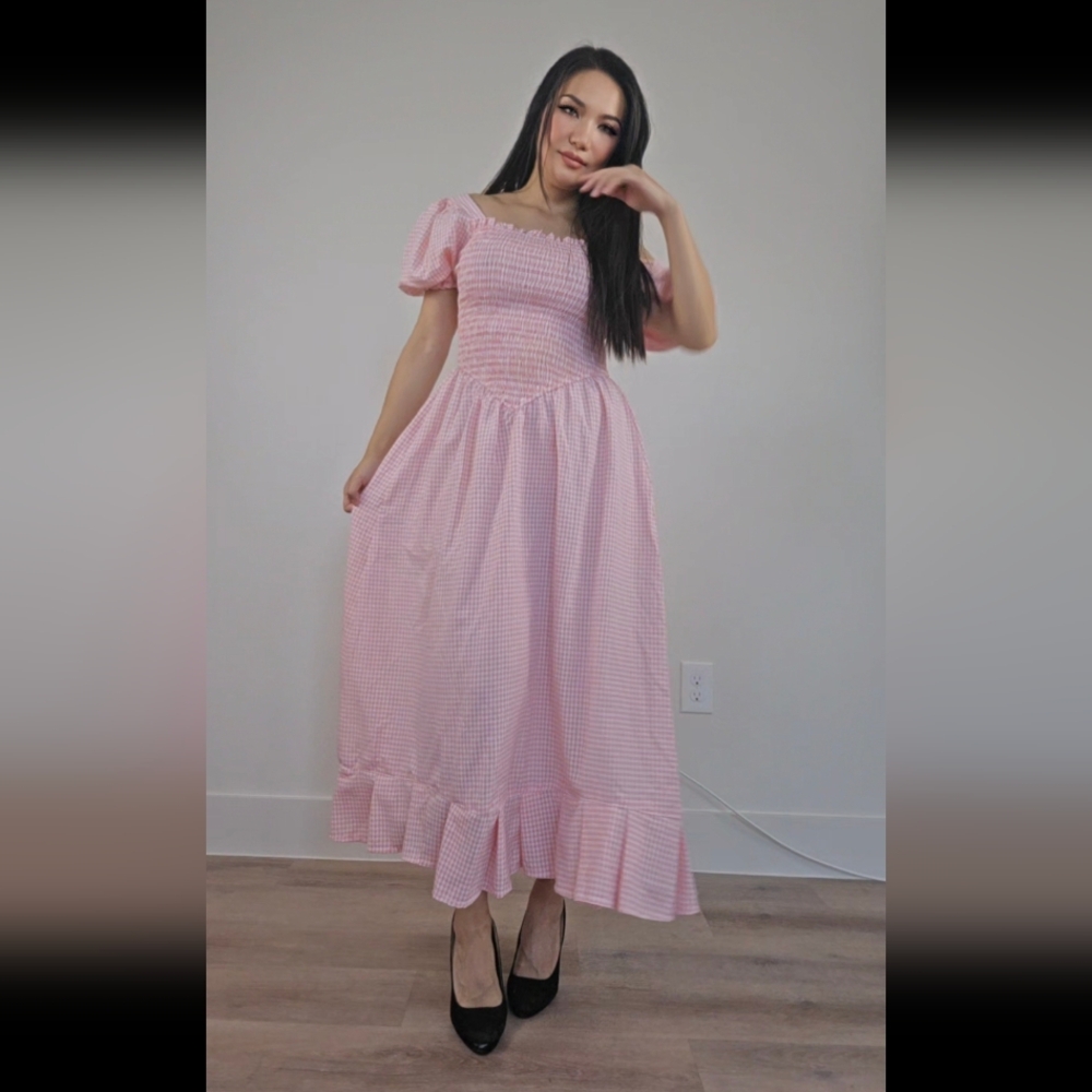 Missguided Pink Gingham Smocked Puff Sleeve Midi Dress - Size UK 8 / EUR 36 / US